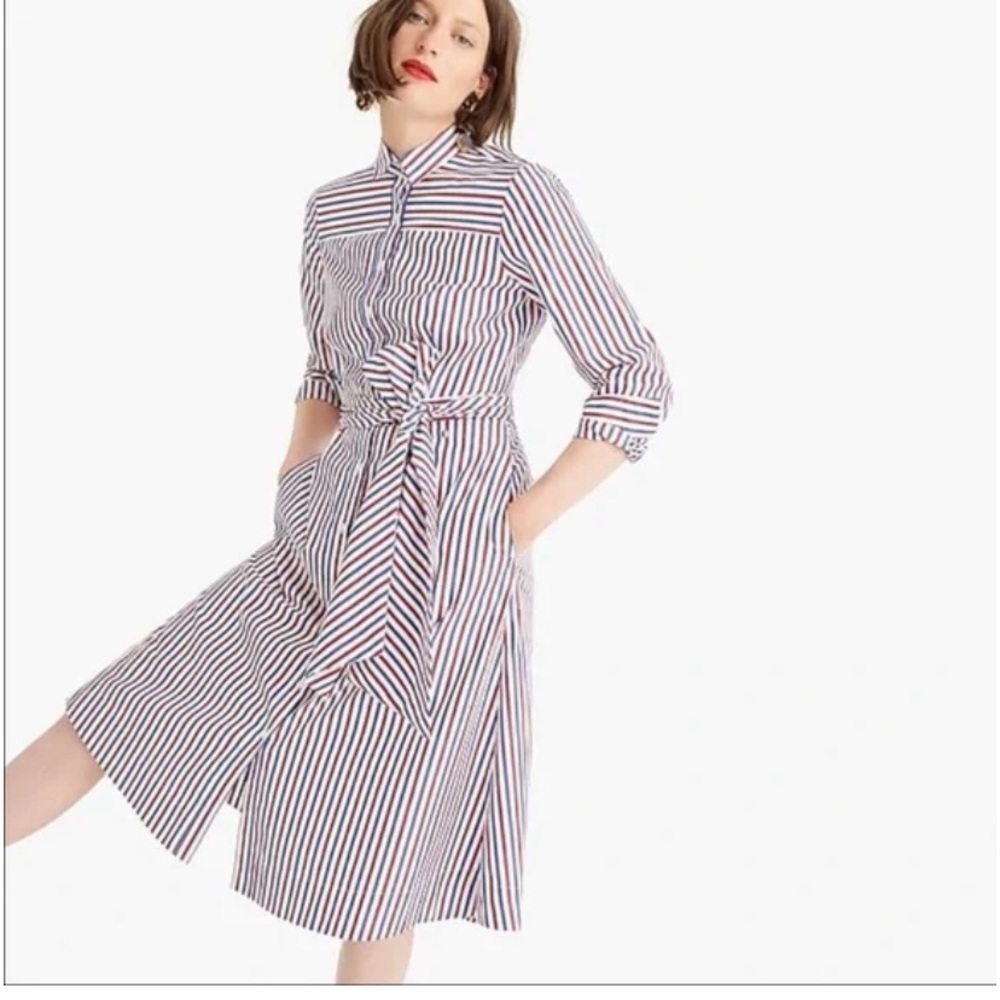 J. Crew Red, Navy & White Striped Midi Shirt Dress
